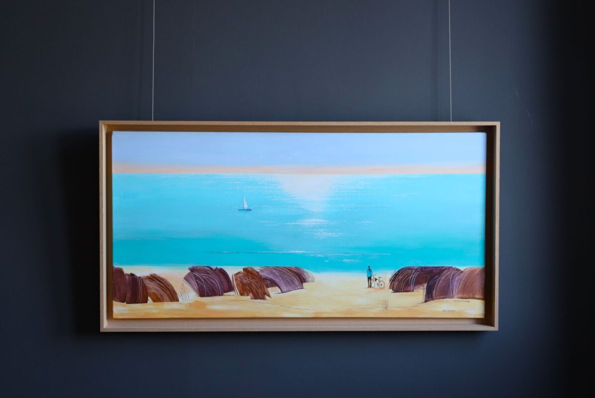 Summer Hue, Marta Bilecka, pejzaż morski na płótnie pejzaż morski na płótnie ręcznie malowany. Obraz o tematyce morskiej w pięknej ramie, malowany przez artystkę. W morskim klimacie, morze, woda, plaża.