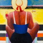 obraz ekspresjonistyczny ręcznie malowany na płótnie kobieta na plaży patrzy na morze jacek frąckiewicz