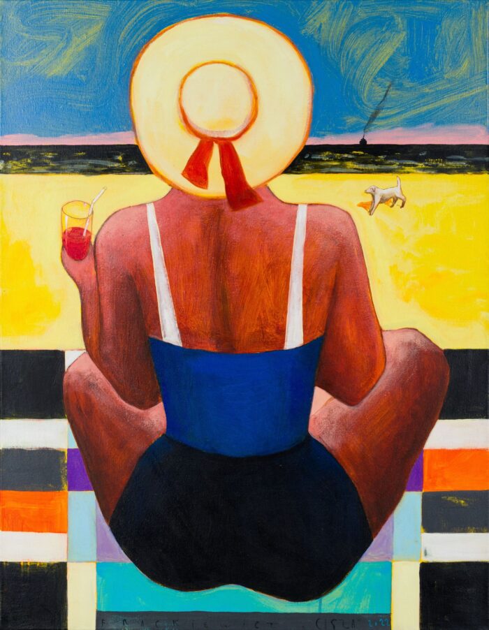 obraz ekspresjonistyczny ręcznie malowany na płótnie kobieta na plaży patrzy na morze jacek frąckiewicz