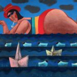 obraz akrylowy ręcznie malowany na płótnie abstrakcyjny ekspresjonizm kobieta na falach pali papierosa jacek frąckiewicz