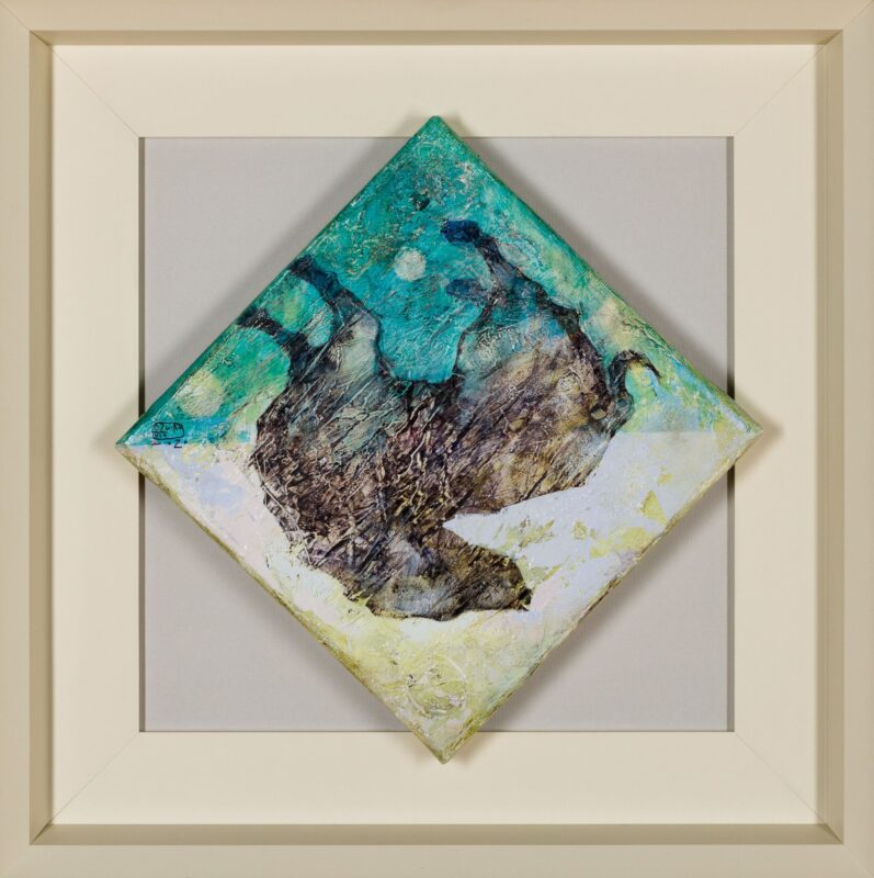 obraz abstrakcyjny malowany ręcznie w ramie wilk ula dzwonik