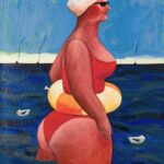 Obraz ręcznie malowany abstrakcja ekspresjonistyczny kobieta w kole ratunkowym Jacek Frąckiewicz