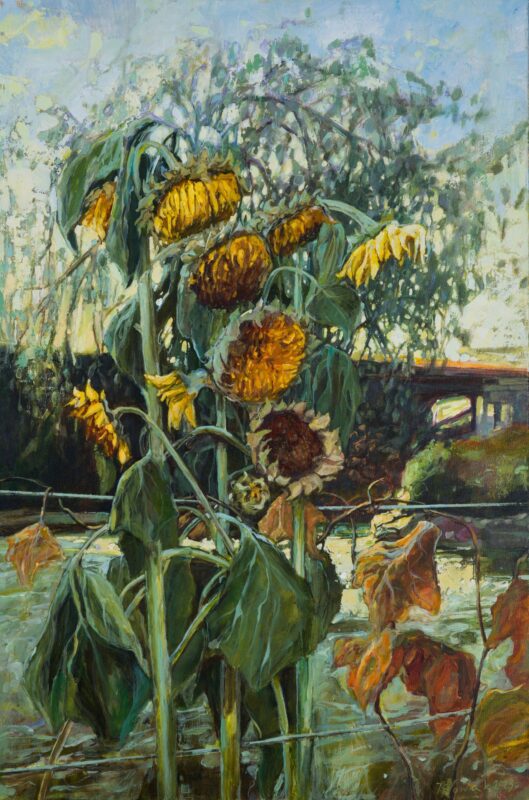 obraz ręcznie malowany na płótnie impresjonizm kwiaty słoneczniki stonowane barwy krzysztof nowak