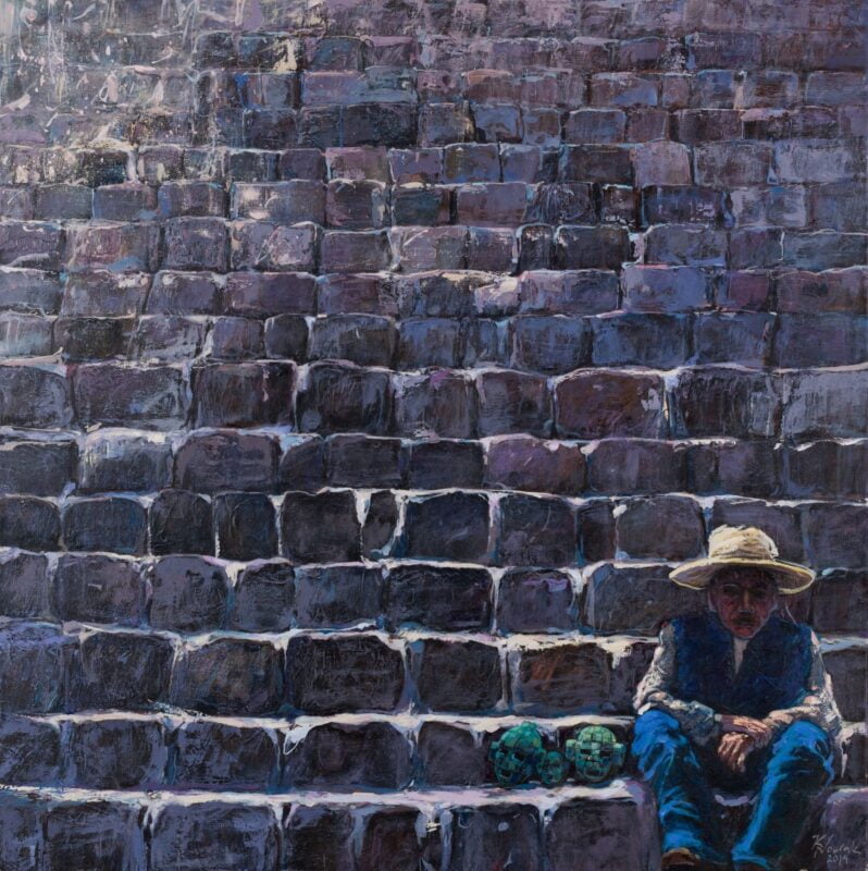 obraz ręcznie malowany na płótnie impresjonizm mężczyzna siedzi na schodach sprzedaje pamiątki krzysztof nowak