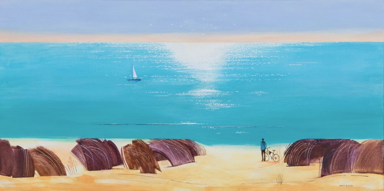 Summer Hue, Marta Bilecka, pejzaż morski na płótnie ręcznie malowany. Obraz o tematyce morskiej w pięknej ramie, malowany przez artystkę. W morskim klimacie, morze, woda, plaża.