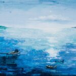 obraz akrylowy na płótnie ręcznie malowany morze łódka pomost pejzaż marta bilecka