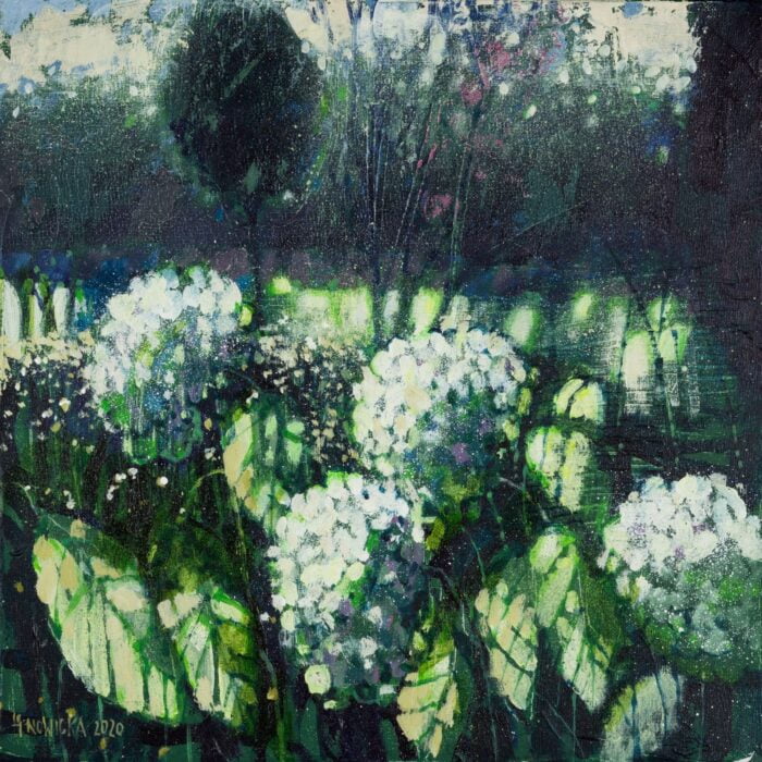 obraz impresjonistyczny ręcznie malowany kwiaty na obrazie hortensje halina nowicka