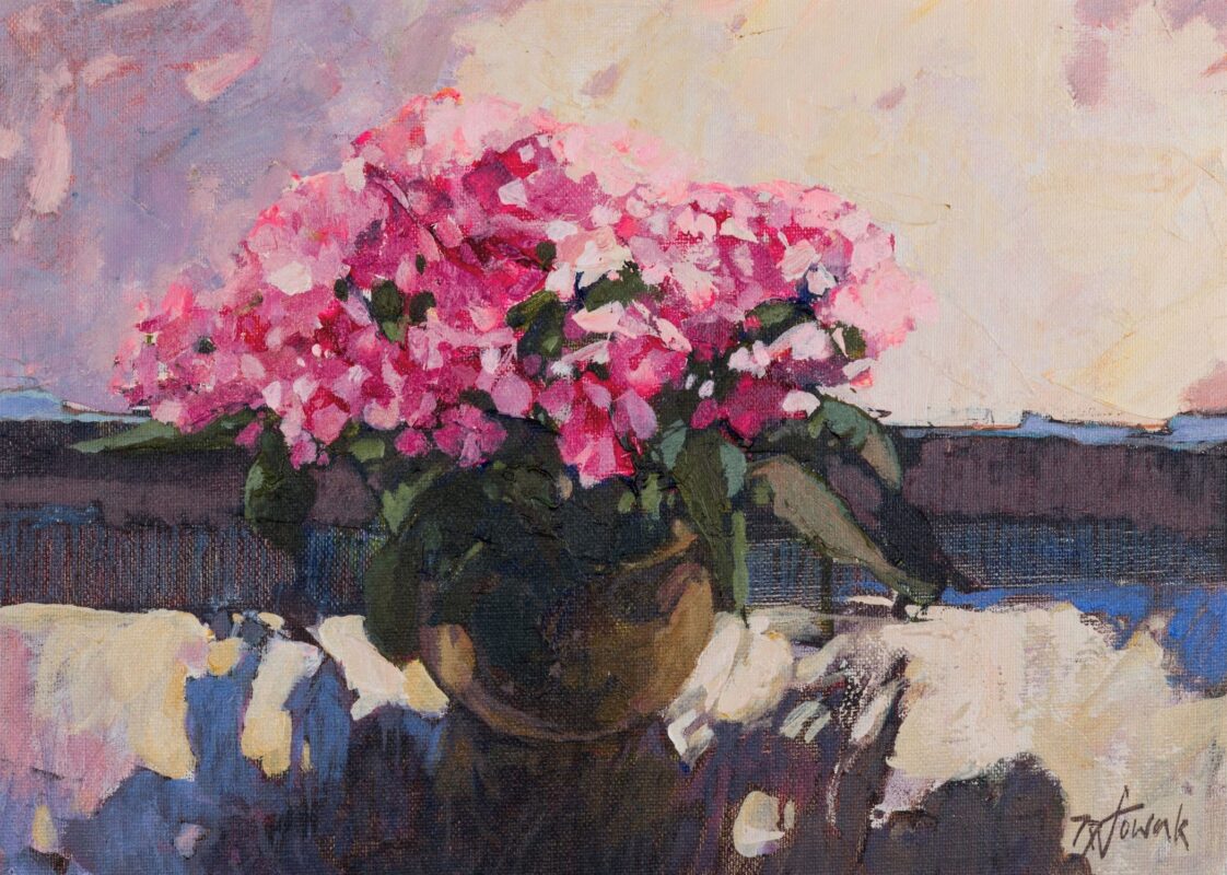 obraz impresjonistyczny autor krzysztof nowak różowe kwiaty w wazonie