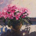 obraz impresjonistyczny autor krzysztof nowak różowe kwiaty w wazonie