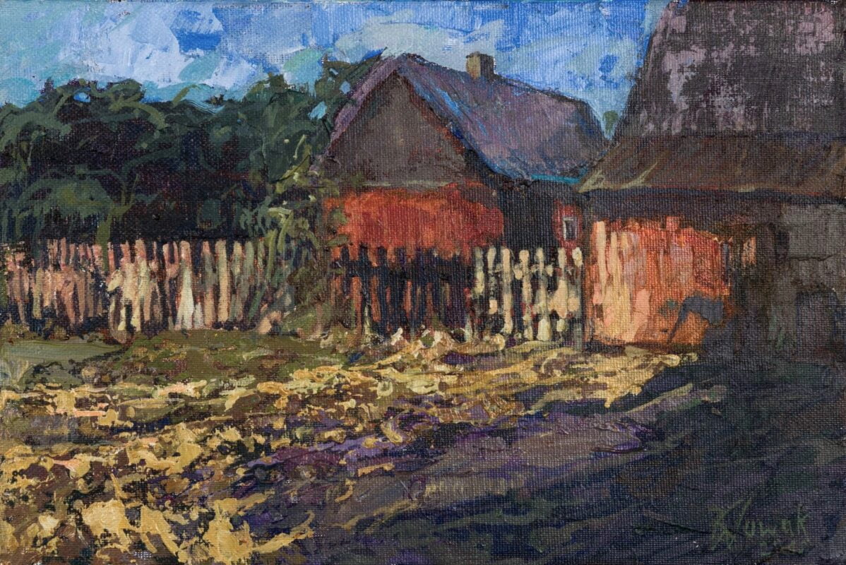 obraz pejzaż wiejski impresjonistyczny chata płoty błoto autor Krzysztof nowak