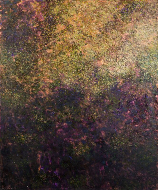 Perłowy ogród XVIII, Tomasz Klimczyk, nowoczesny pejzaż Duży, nowoczesny obraz ręcznie malowany na ścianę do salonu, sypialnii lub kancelarii. Stonowane, ale ciemne kolory oraz elegancka rama. Tomasz KLimczyk.