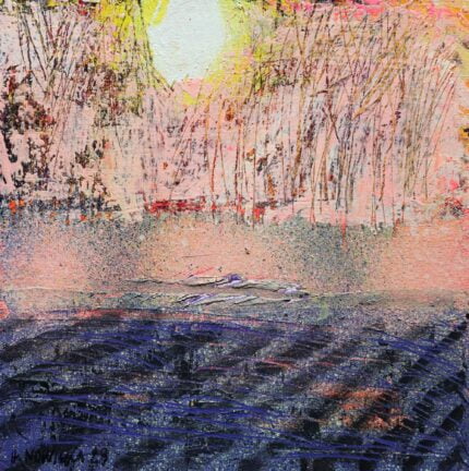 Pejzaż zachód słońca nad polami , Halina Nowicka Obraz ręcznie malowany na sprzedaż. Pejzaż na dobrazie. Zachód słońca na obrazie. Nowoczesny mały obraz ręcznie malowany.