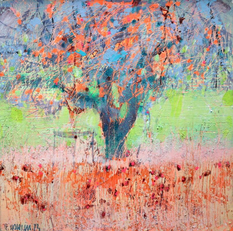 Jesienna jabłoń Halina Nowicka pejzaż, obraz ręcznie malowany na płótnie, oprawiony w ramę typu lof, pejzaż na płótnie, galeria sztuki