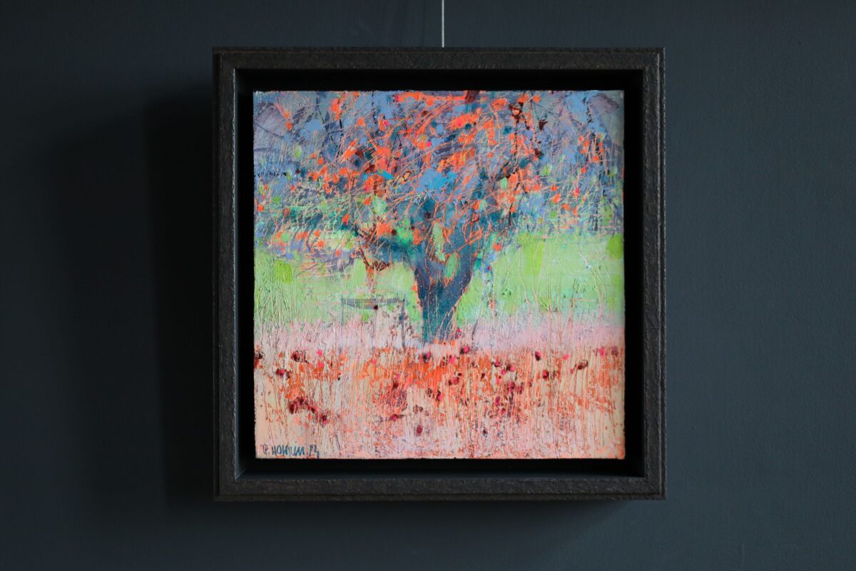 Jesienna jabłoń Halina Nowicka pejzaż, obraz ręcznie malowany na płótnie, oprawiony w ramę typu lof, pejzaż na płótnie, galeria sztuki