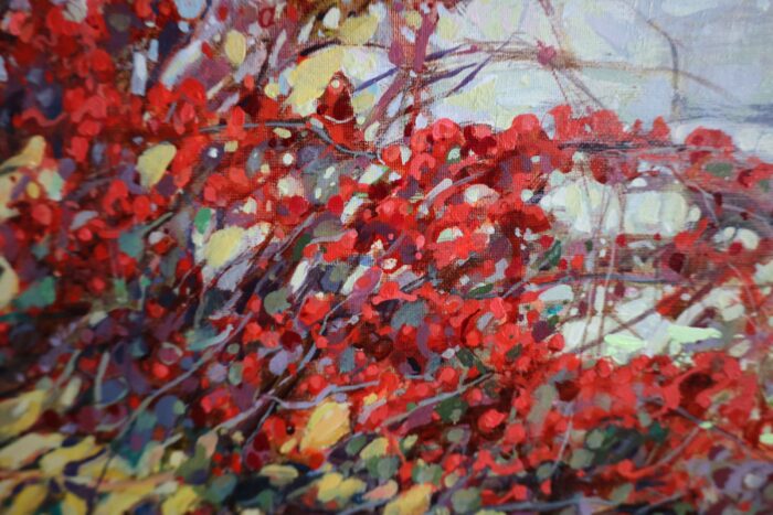 Kokoryczka i berberys, Krzysztof Nowak, pejzaż jesienny, obraz akrylowy na płótnie, ręcznie malowany przez artystę, obraz idealny do salonu lub do sypilani,