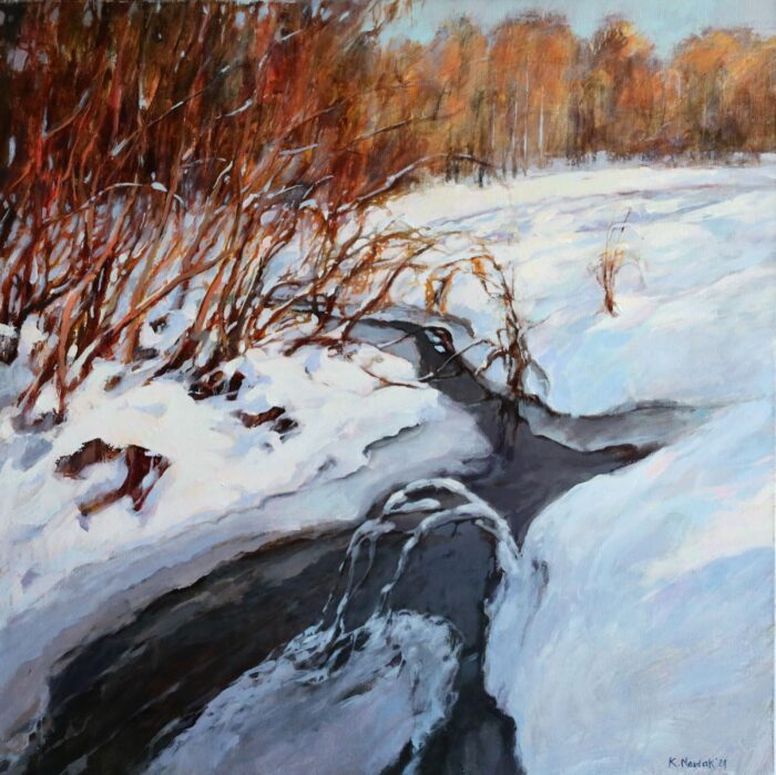 Starorzecze, rzeka Czarna, Krzysztof Nowak, pejzaż zimowy na płótnie, pejzaż ręcznie malowany na płótnie, obraz do salonu lub sypialni