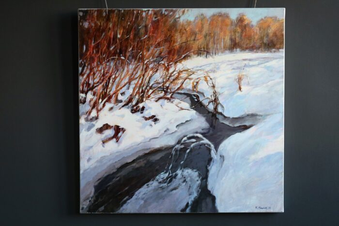 Starorzecze, rzeka Czarna, Krzysztof Nowak, pejzaż zimowy na płótnie, pejzaż ręcznie malowany na płótnie, obraz do salonu lub sypialni