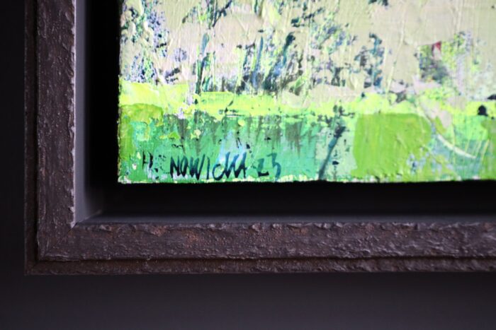 To widzę wiosną Halina Nowicka pejzaż, obraz ręcznie malowany na płótnie, oprawiony w ramę typu lof, pejzaż na płótnie, galeria sztuki