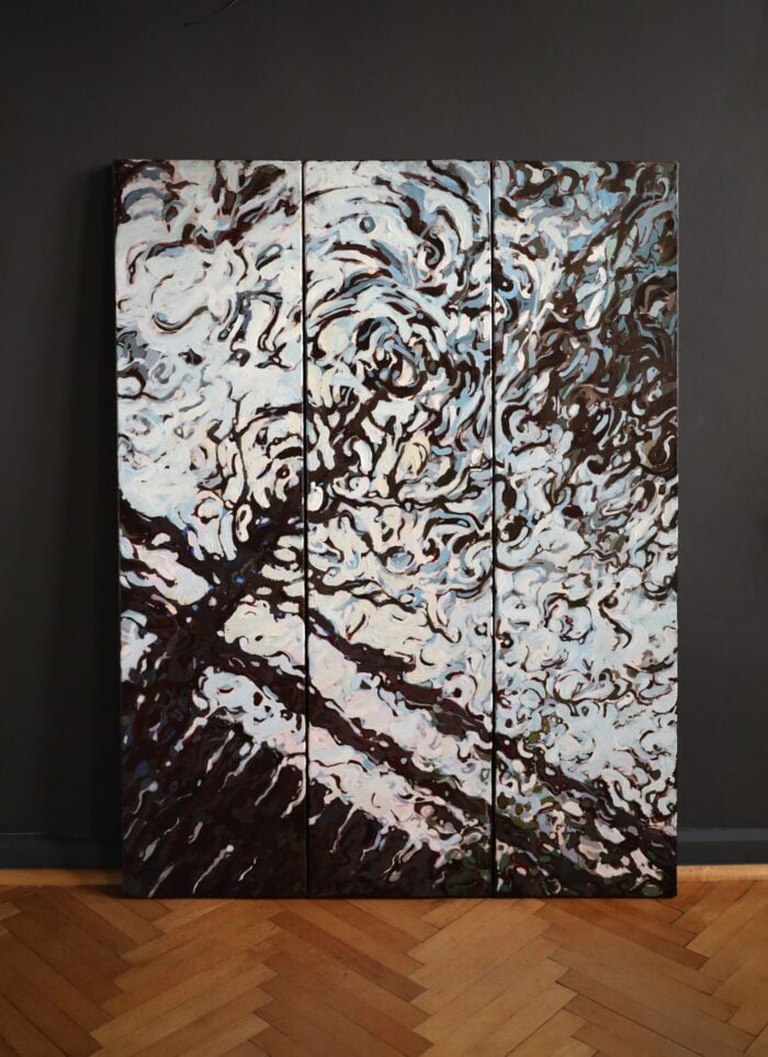Woda tryptyk, Krzysztof Nowak.91x120, obraz akrylowy na płótnie, składa się z trzech płócien, woda na obrazie, nowoczesny obraz do salonu, jadalni lub biura, abstrakcja na płótnie, duży nowoczesny obraz ręcznie malowany od artysty