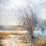 Olejny obraz na płótnie, pejzaż z wierzbą, Alina Sibera, obraz ręcznie malowany, dla kolekcjonera, mały format obraz w ramie