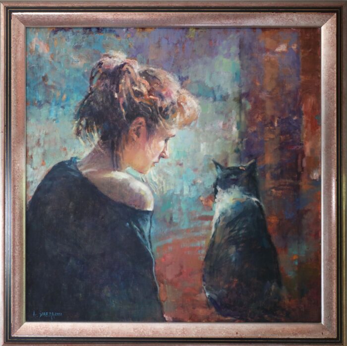 Dziewczyna z kotem, obraz olejny na płótnie, portret kobiety, Alina Sibera