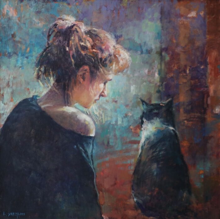 Dziewczyna z kotem, obraz olejny na płótnie, portret kobiety, Alina Sibera
