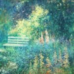 Pejzaż W parku Alina Sibera, obraz olejny ręcznie malowany na płótnie, Ławeczka w parku, polne kwiaty