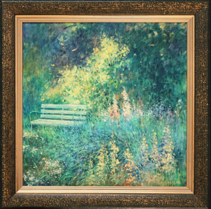 Pejzaż W parku Alina Sibera, obraz olejny ręcznie malowany na płótnie, Ławeczka w parku, polne kwiaty