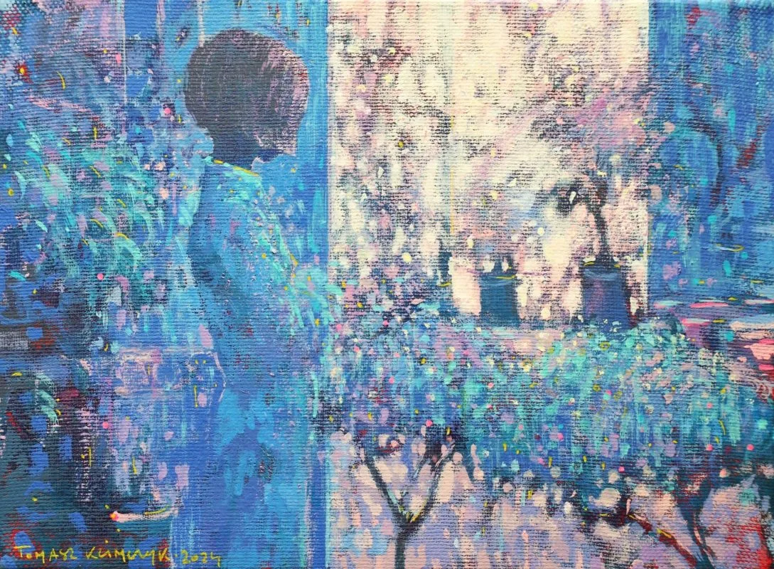 Tomasz Klimczyk, W błękitnej oranżerii, portret kobiety, obraz na płótnie